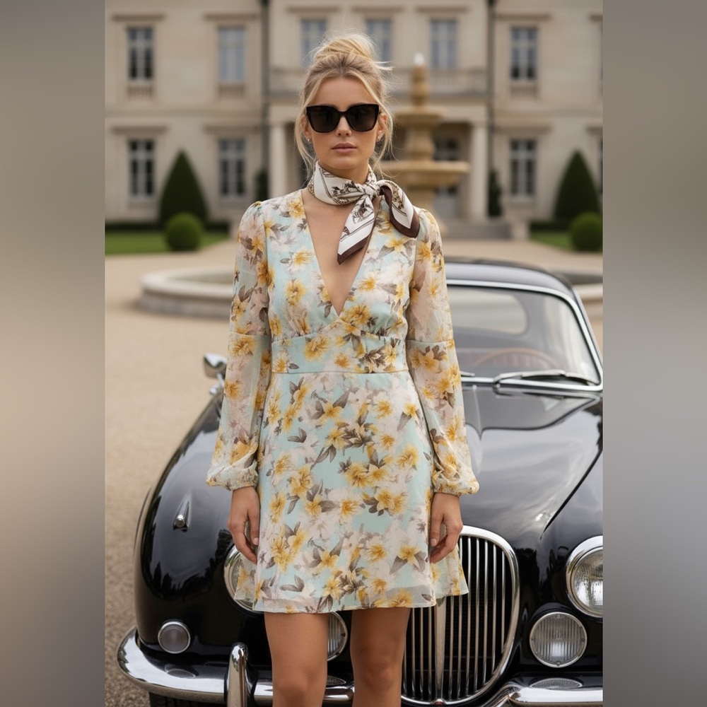 Floral V-Neck Long-Sleeve Mini Dress in Pale Blue and Yellow